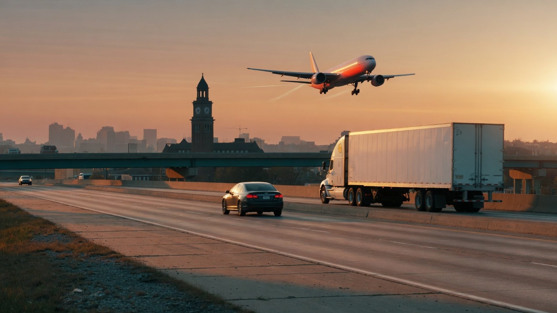 Highway at sunset with a jet, a truck, and a car moving toward the city.